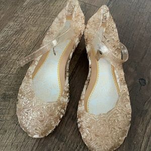 Glitter rose print jelly dress shoe, girls wedge shoe US size 4 euro size 35